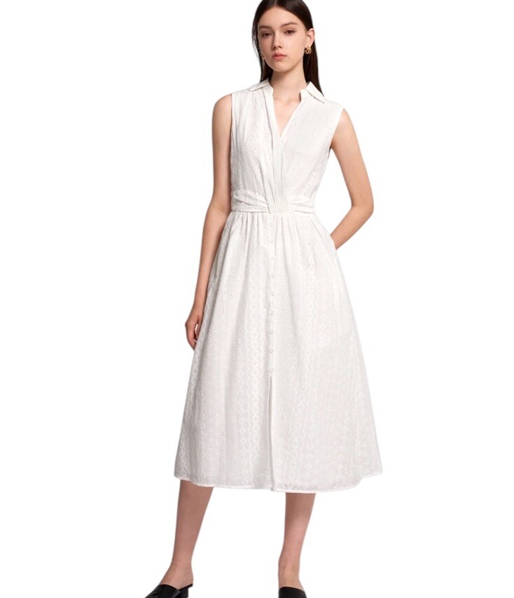 ZARA Openwork Embroidered Eyelet Midi Dress L White Sleeveless V Neck Feminine