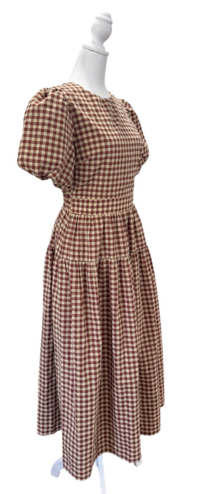 En Saison Brown/White Gingham Square Neck Puff Sleeve Midi Dress Pockets Sz S