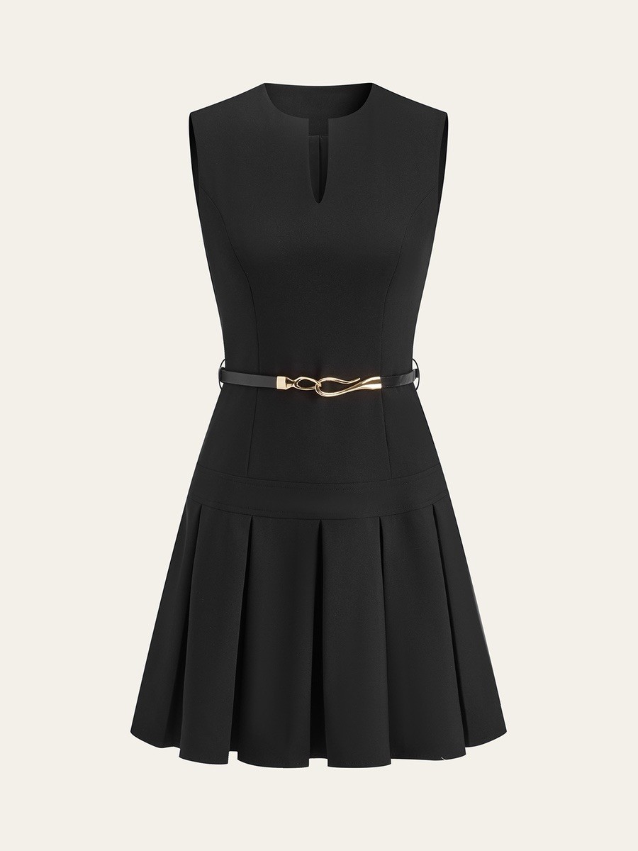 Commense Sleeveless Keyhole-Neck Pleated Black Mini Dress (No Belt inc) Size XL