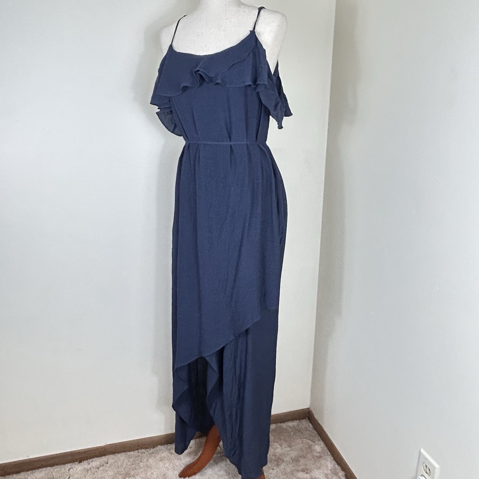 Wedding Guest Womens Large Asymmetrical Ruffle Crepe Maxi High Low Dress