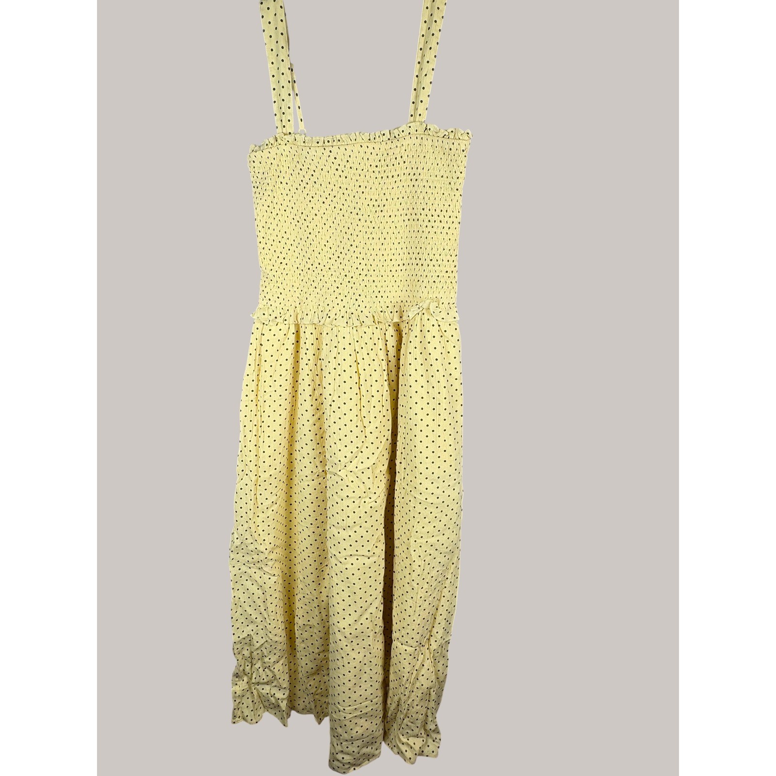 Aerie Yellow Polka Dot Smocked Midi Dress Eyelet Hem 071-7495-2213 Womens Medium