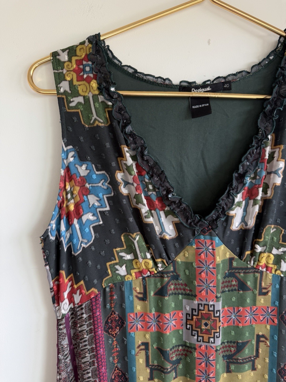 Desigual Patchwork Maxi Dress Sleeveless V-Neck Made In Spain Size 40 US 8