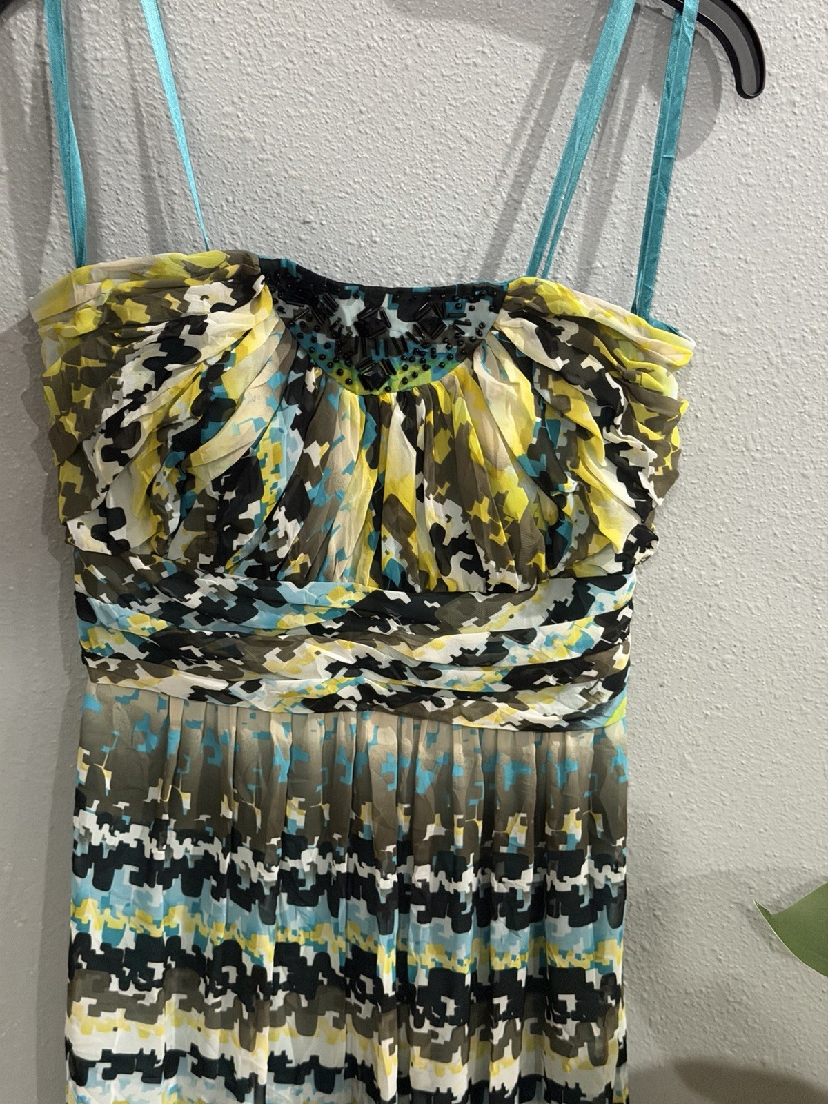 Max & Cleo Blue Lagoon Geometric Beaded Pleated Maxi Dress Sweetheart Size 2
