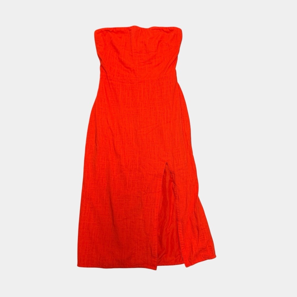 SNDYS Everyday Strapless Linen Blend Midi Dress Orange/Red Side Slit Size M