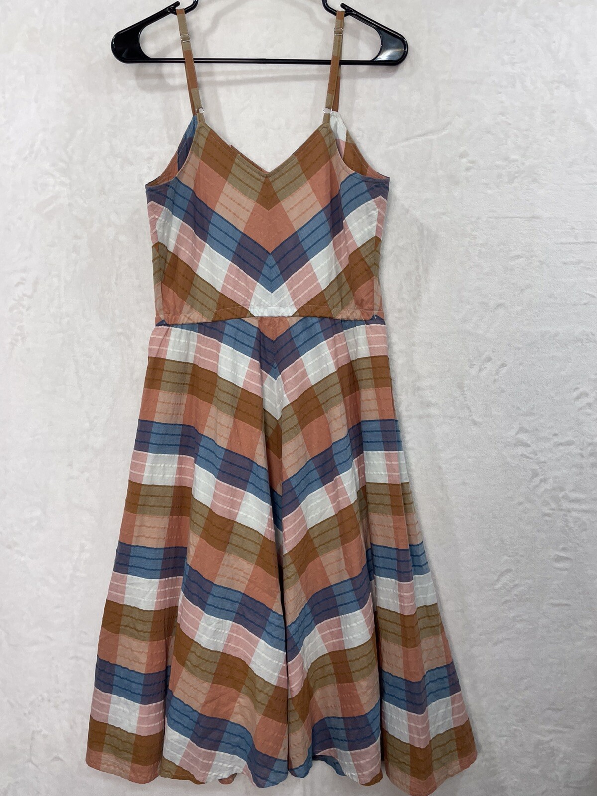 LL Bean Plaid Pleated Strap Dress 4 Small A Line Fit Flare Midi Blue Peach NEW