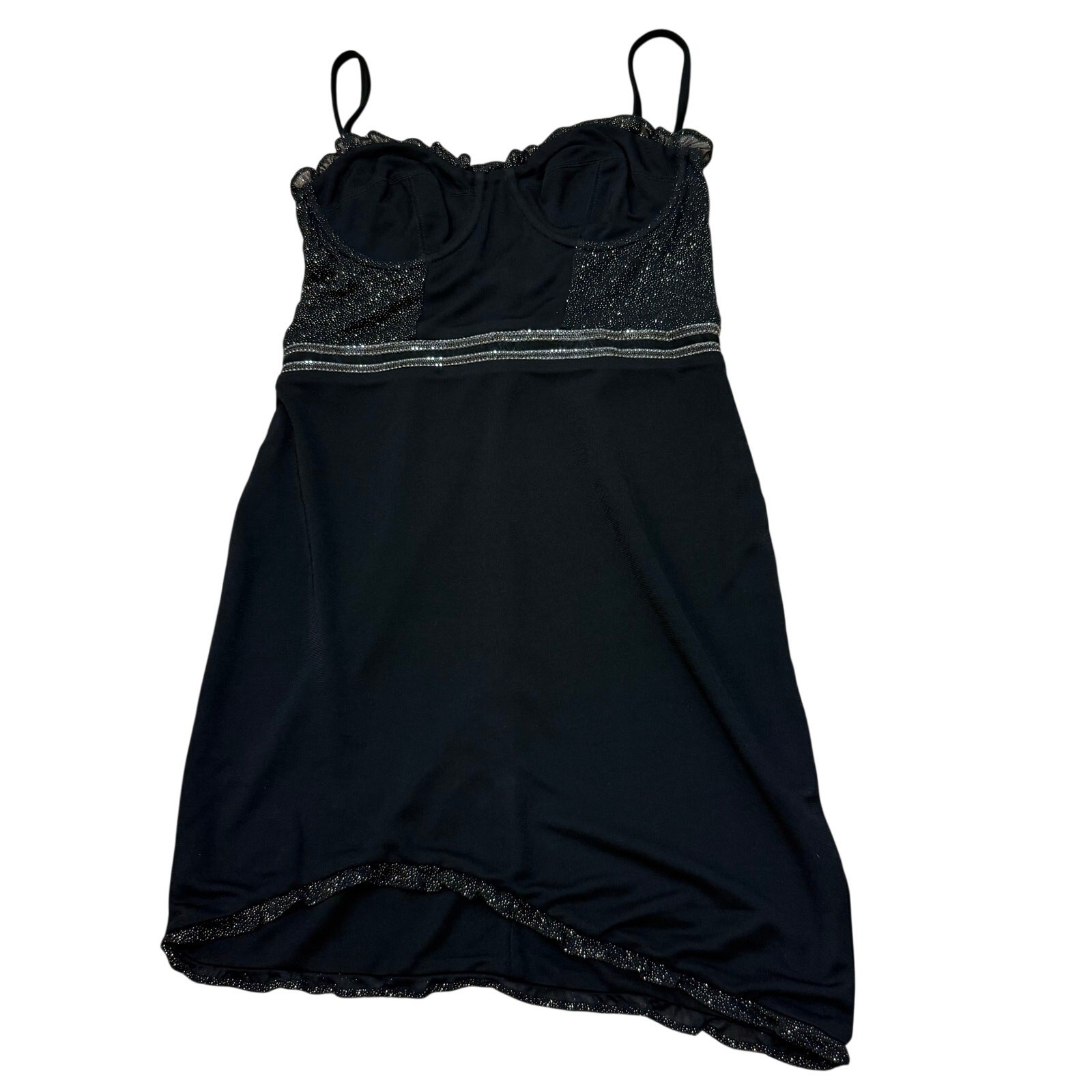 Hours Black Mini Dress Lace Trim Bodycon Sparkle Spaghetti Strap Party Dress