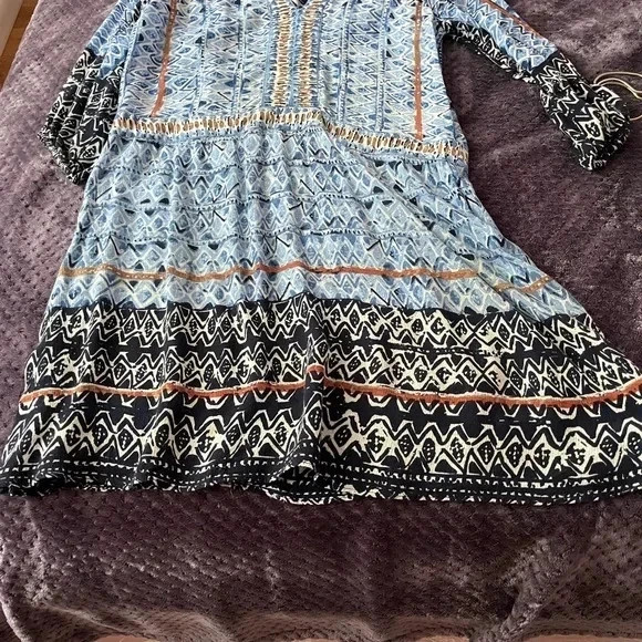 NIC+ZOE Blue Graphic 3/4 Sleeve Lightweight Tunic Dress Tribal Print Extra Small