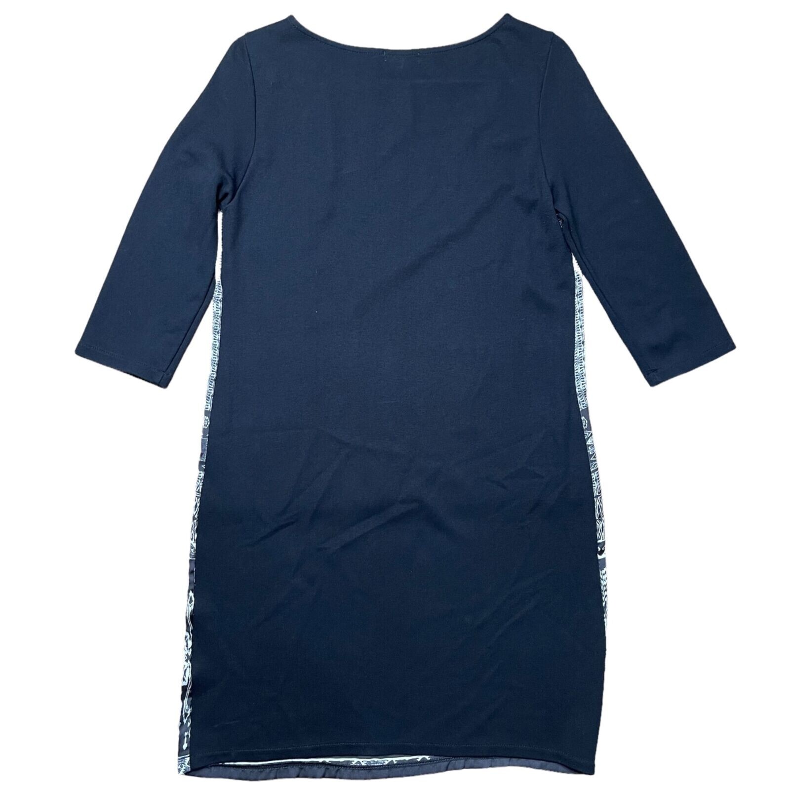 Cortefiel Shift Mini Dress Small Gray Black Boat Neck Long Sleeve Stretch Print