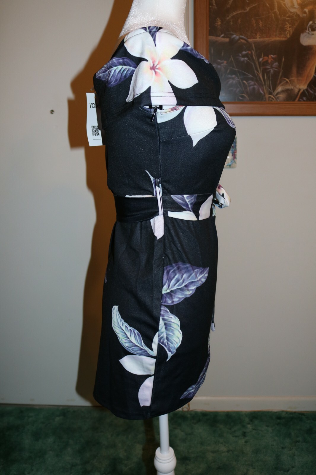 YOINS Black Random Floral Print Off The Shoulder Overlay Bodycon Dress Small 