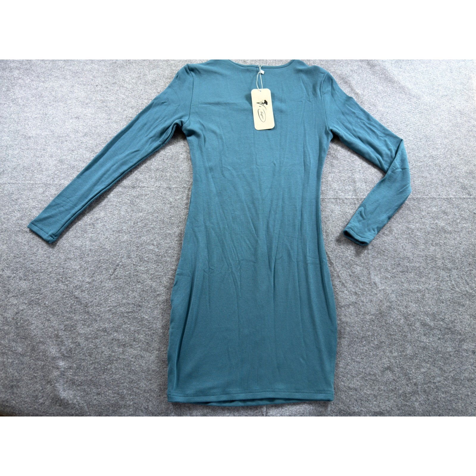 Vichyie Ribbed Bodycon Mini Dress Size S Teal Blue Long Sleeve Square Neck