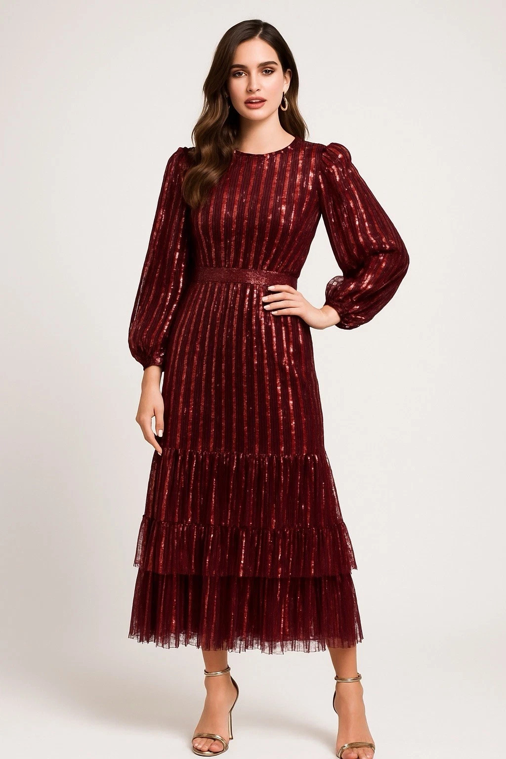 Mac Duggal Burgundy Red Embellished Long Sleeve Ruffle Midi Dress 18 $698
