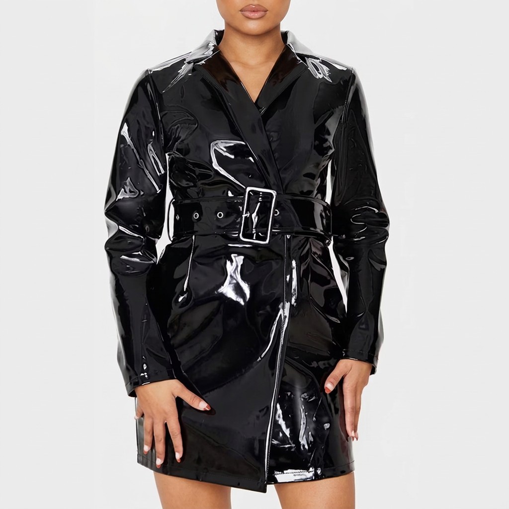 Women’s Black Patent PVC Trench Coat Dress Belted Glossy Wet Look Mini Dress