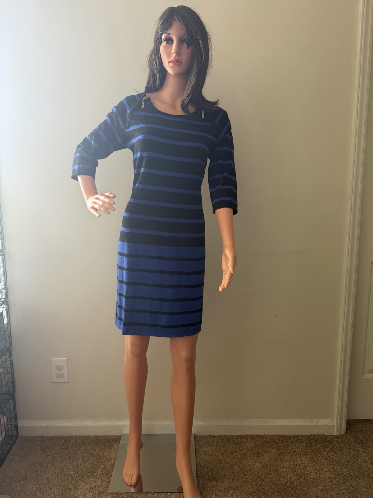 Women’s Size M Medium Lennie For Nina Leonard Blue Black Striped Sweater Dress