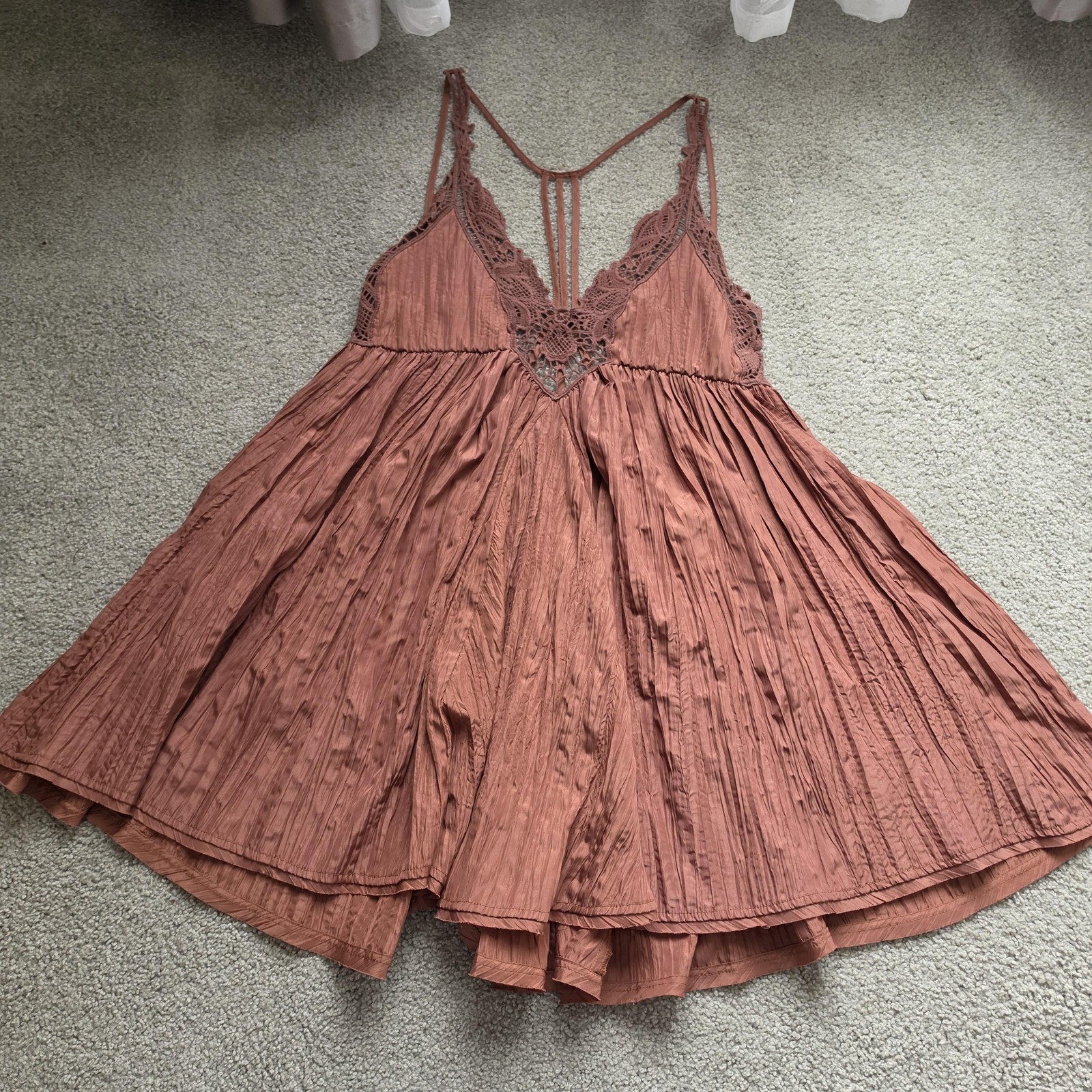 Free People Dress Womens Large Brown Crochet Slip Swing Boho Festival