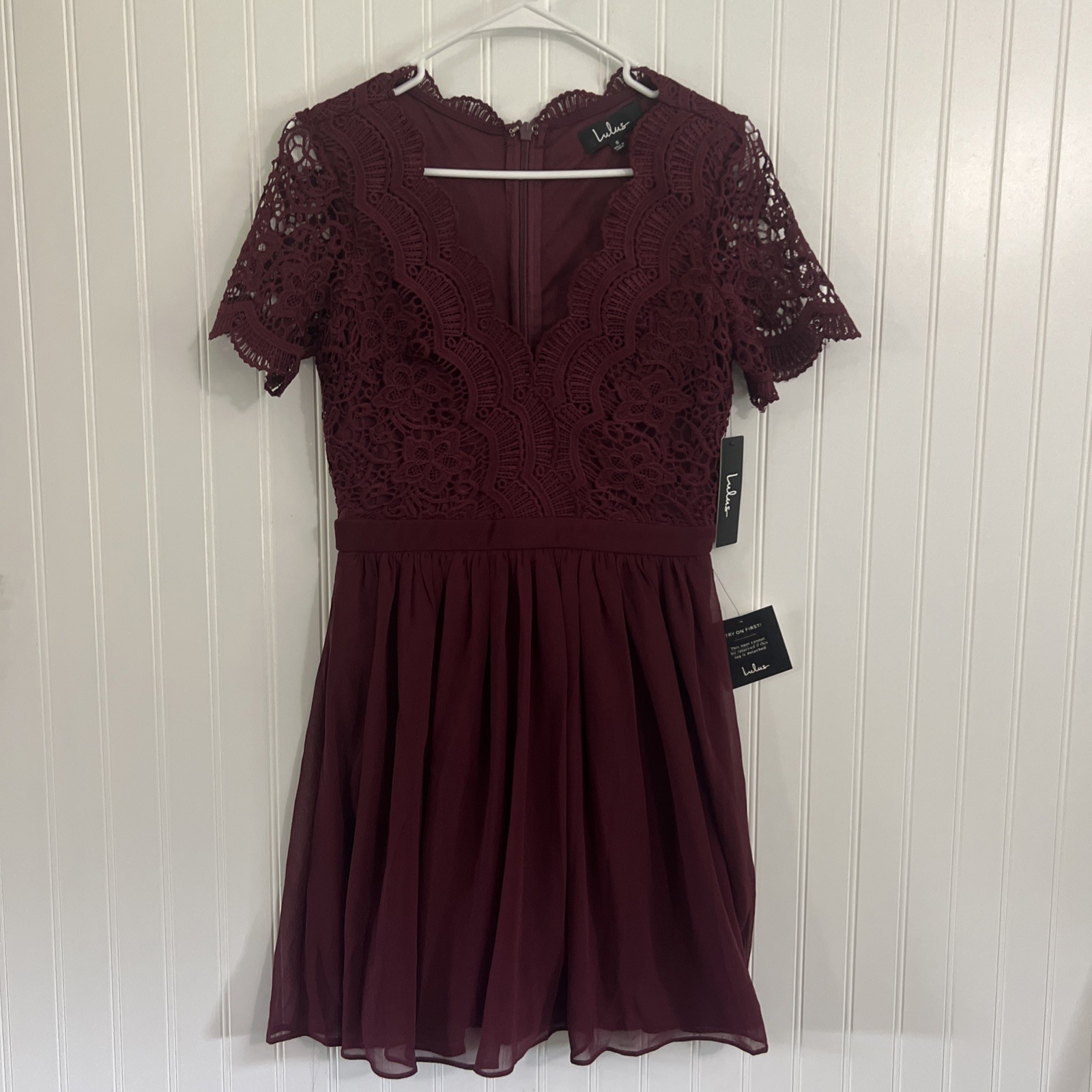 LULUS DRESS “ANGEL IN DISGUISE” SKATER BURGUNDY MAROON CROCHET LACE LINED S NWT