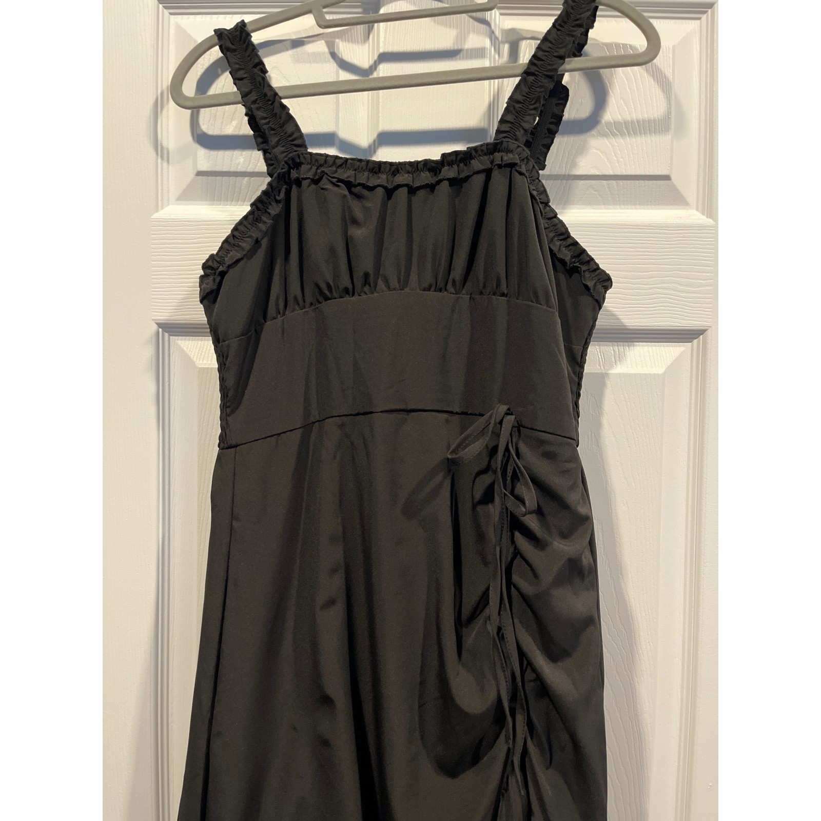 Black Ruffle Tiered Midi Dress Smocked Back High Low Asymmetrical Hem Sleeveless