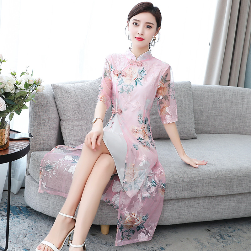 Ladies Flower Pattern Mesh Cheongsam Qipao Dress Side Slit Half Sleeve Elegant