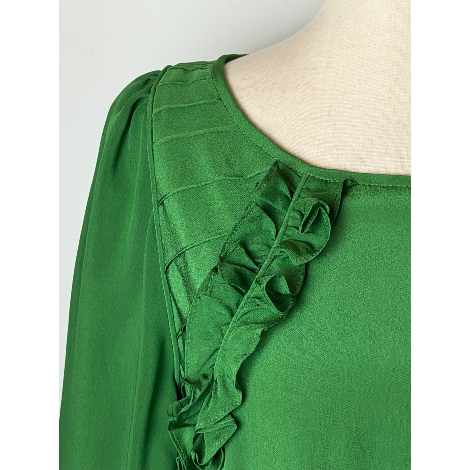Tibi Silk Shift Dress Women 4 Green Ruffle Pintuck Puff Sleeve Luxury Silky