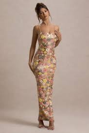 Floral Sequin Maxi Dress Square Neck Spaghetti Strap Women’s M