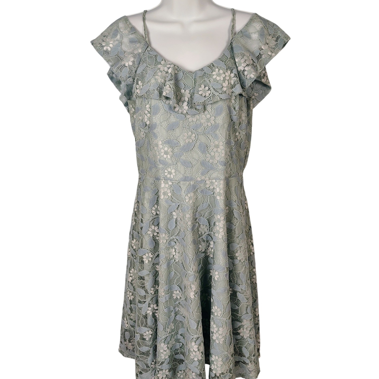 Sage Green Floral Lace Ruffle Cold Shoulder Fit and Flare Dress Med peasent