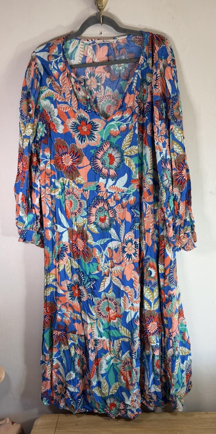 TU Tiered Midaxi Dress UK 20 Vibrant Multi Coloured Florals On Blue 100% Viscose