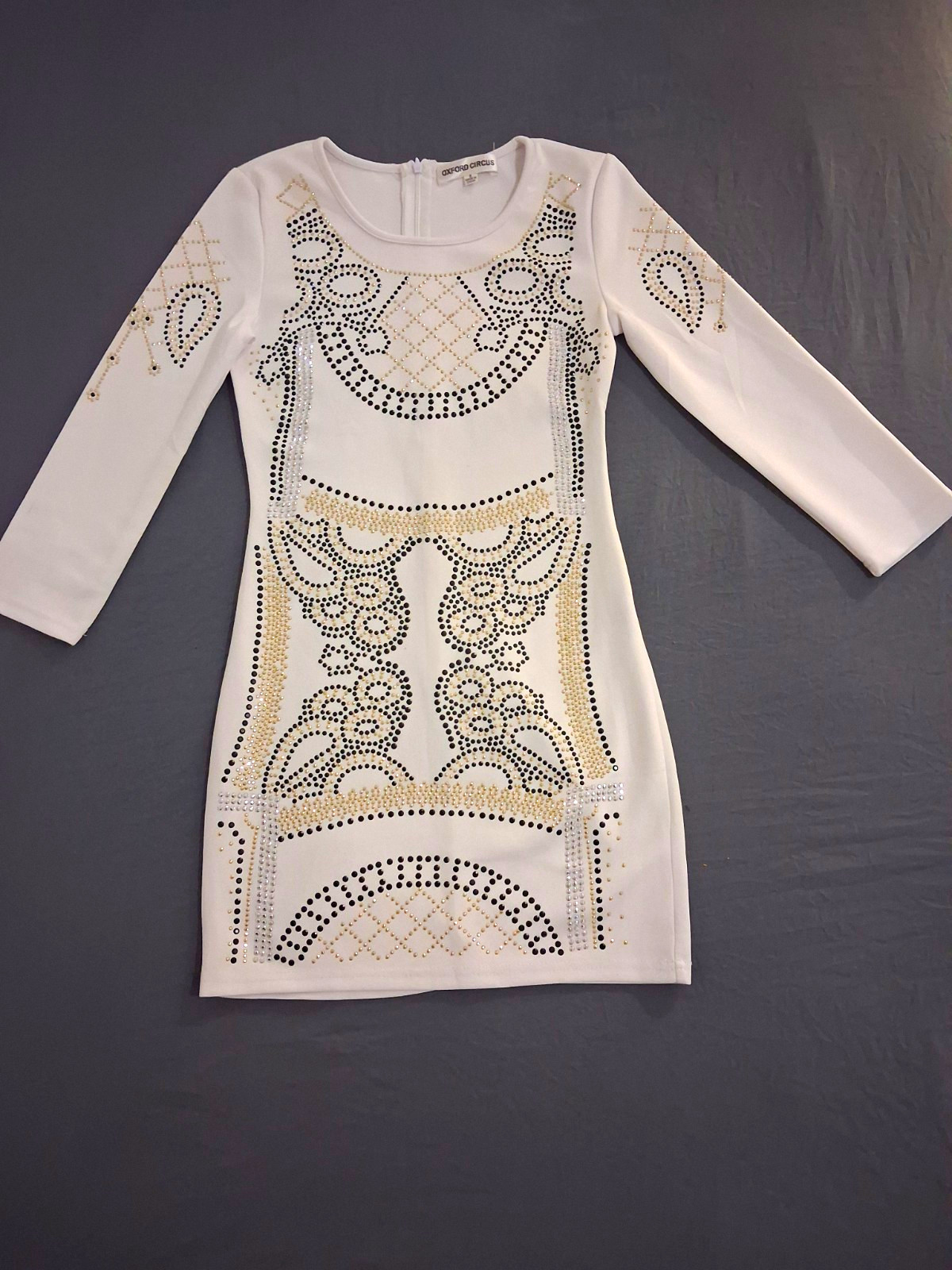 Oxford Circus White Studded Rhinestone Mini Dress Round Neck Long Sleeve Zip S
