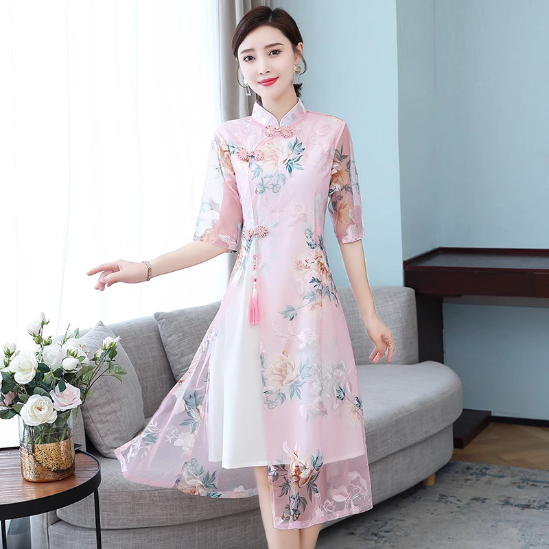 Ladies Flower Pattern Mesh Cheongsam Qipao Dress Side Slit Half Sleeve Elegant