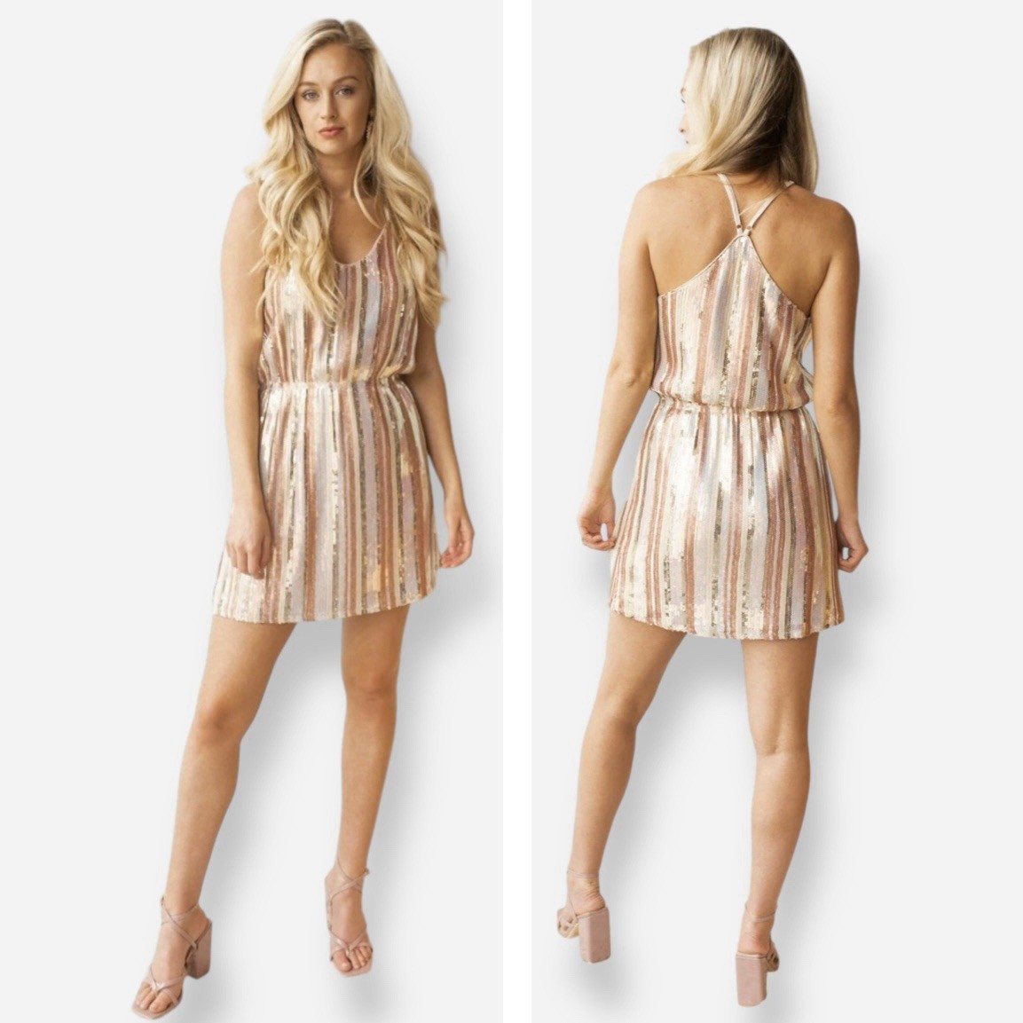 Fate Mini Dress Sequin Cotton Racerback Womens Small Pink Gold Silver Striped