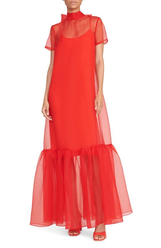 Women Sheer Red Organza Long Dress High Neck With Ruffle Hem and Back Bow & Tie