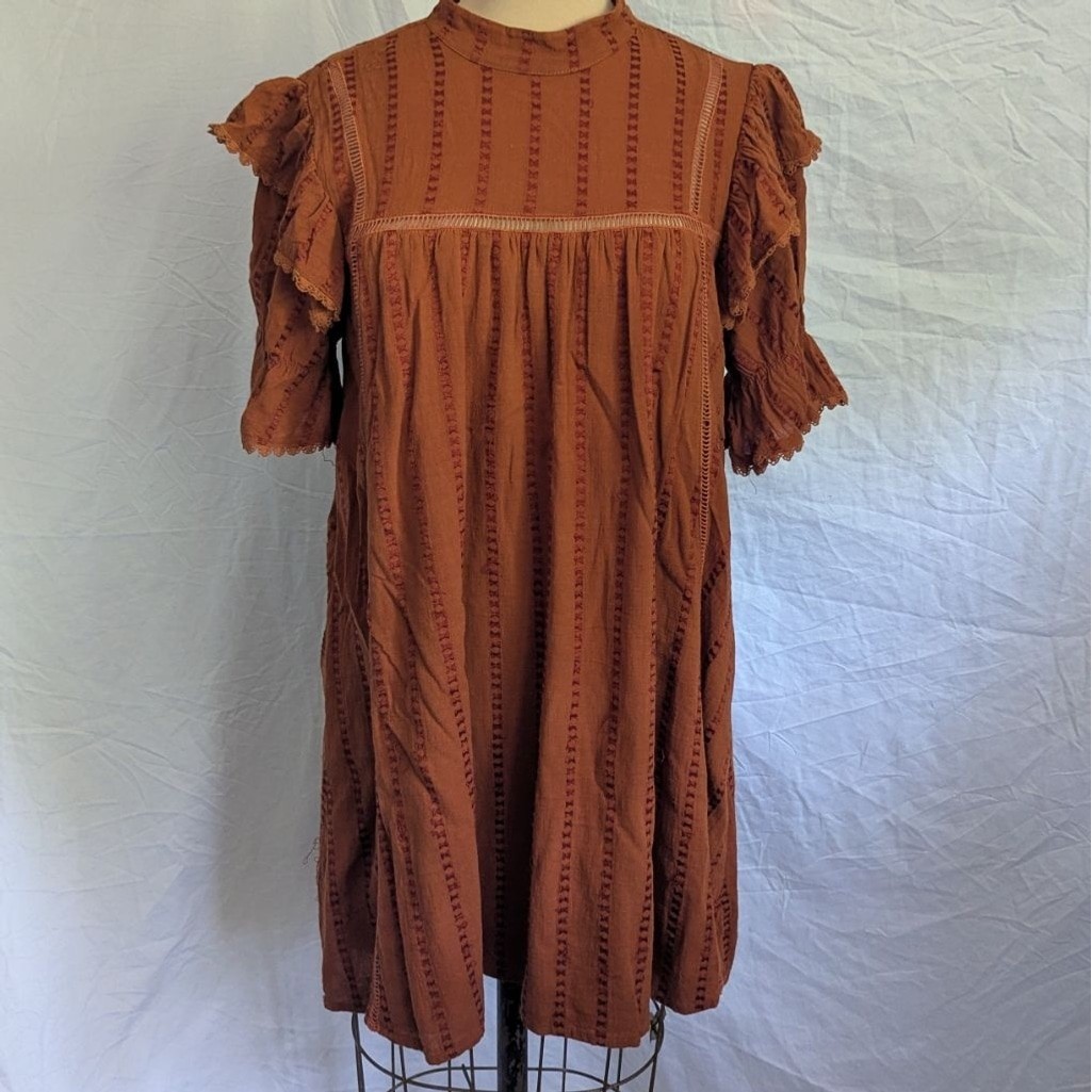 Embroidered Ruffle Sleeve Mini Dress Mock Neck Babydoll Rust Brown Boho Sz S