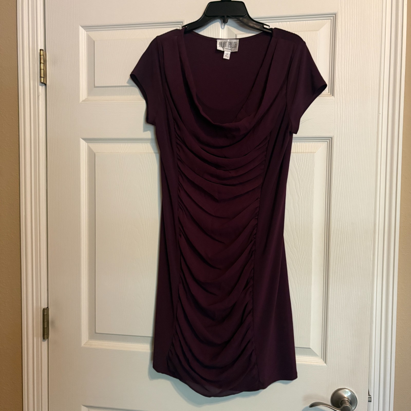 Women’s Julian Taylor Deep Purple Cowl Neck Ruched Front Midi Dress – Size 12