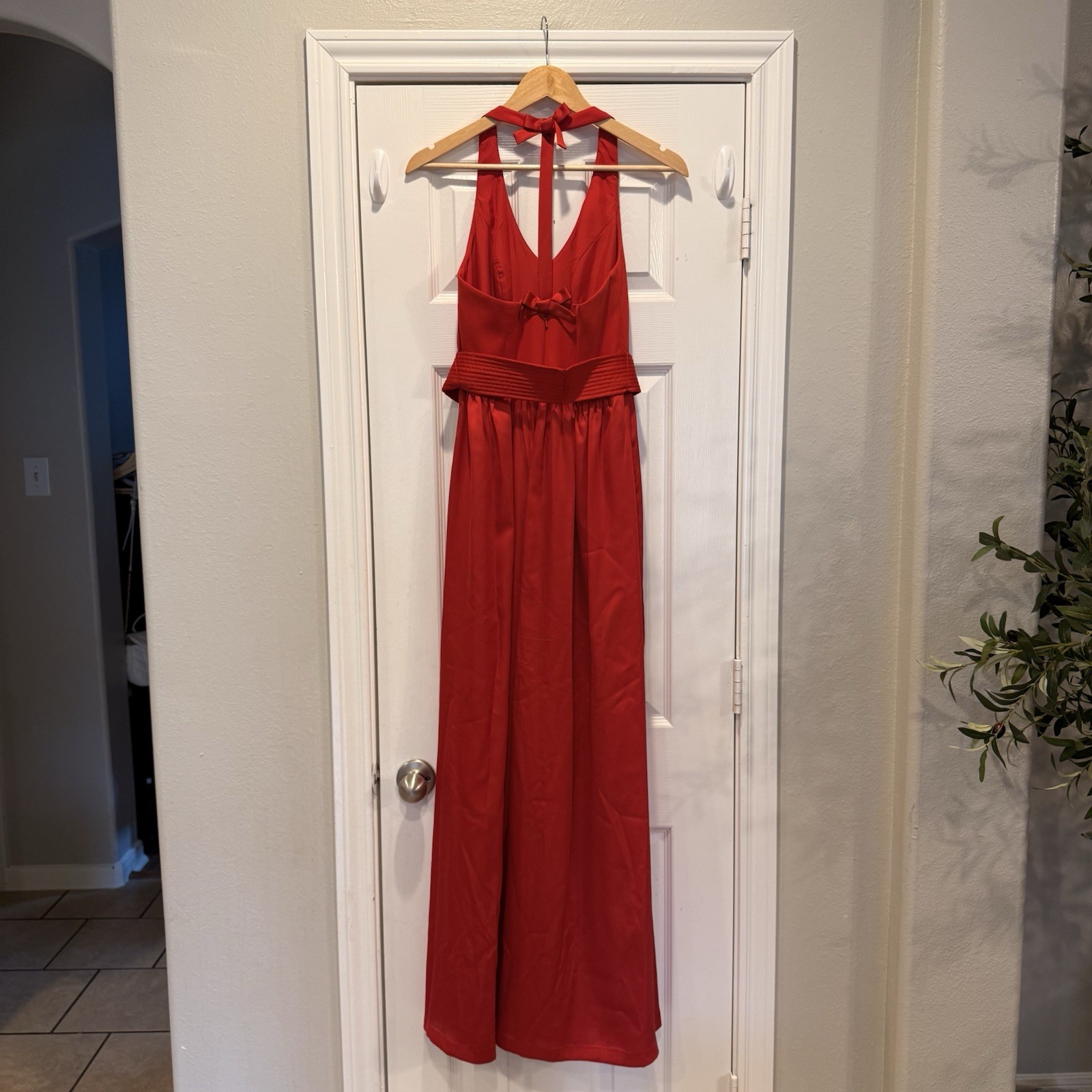 WHITE by Vera Want Halter Long Dress Red Satin Belted Slit Bow Occasion Formal