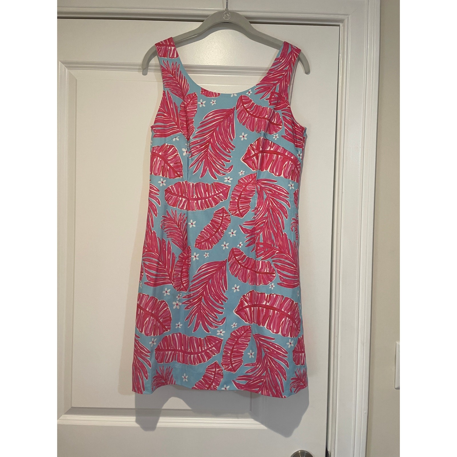 Kaeli Smith Blue Pink Tropical Palm Shift Dress Lined Sleeveless Size 8 Resort