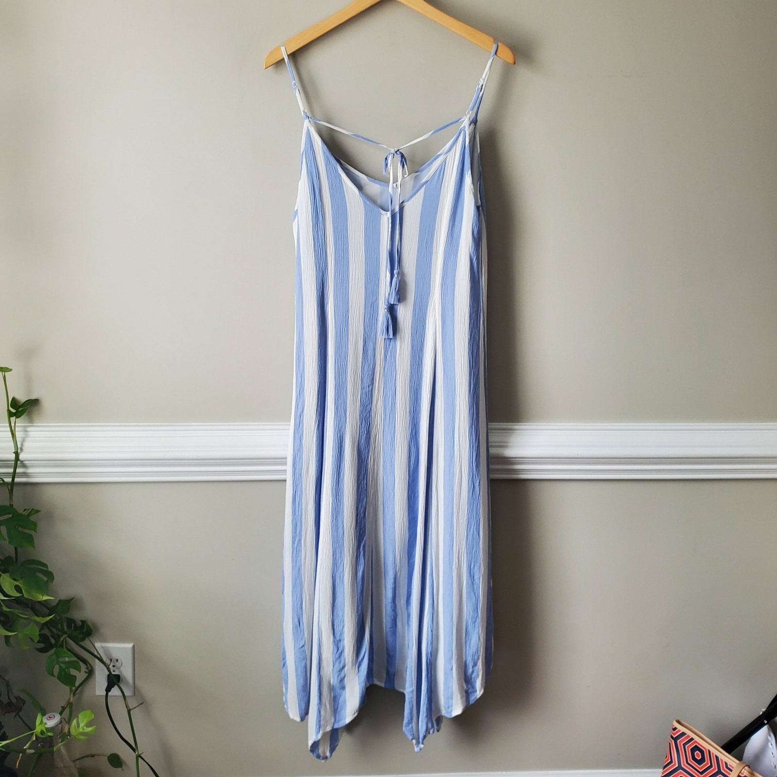 American Eagle Blue White Cabana Stripe Midi Sundress M Boho Chic Preppy Beach