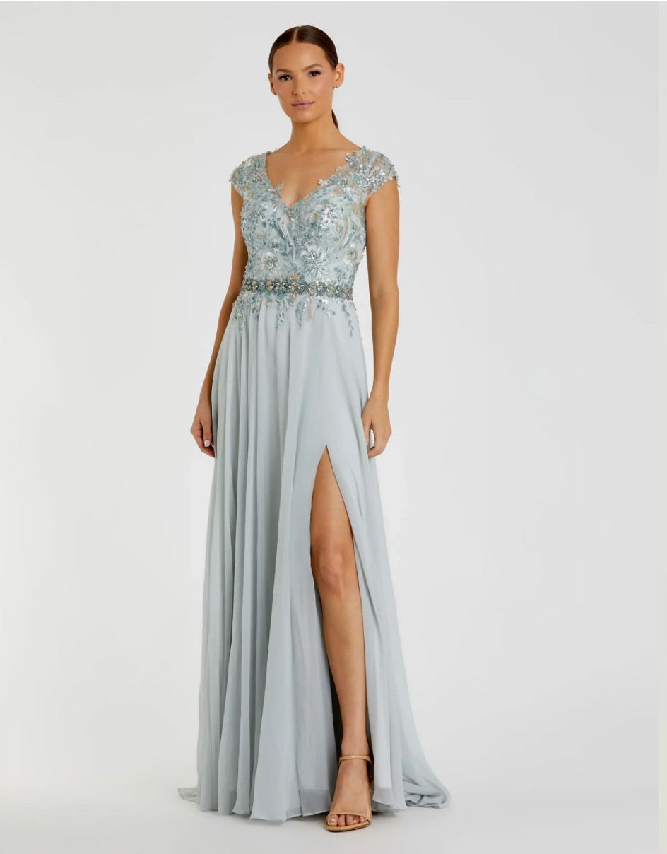 MAC DUGGAL 79365 EMBELLISHED CAP SLEEVE FLOWY BODICE SEAMIST CHIFFON GOWN sz 12