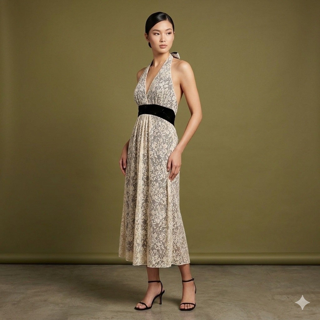 Jonathan Martin Cream Floral Lace Halter Midi Dress Black Velvet Waist Beaded 6