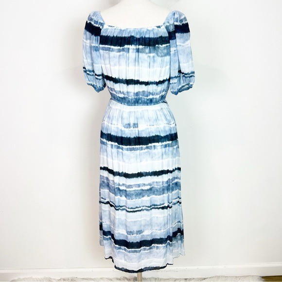 BELLA DAHL BLUE TIE DYE SHORT PUFF SLEEVE FIT & FLARE MIDI DRESS WOMENS SMALL