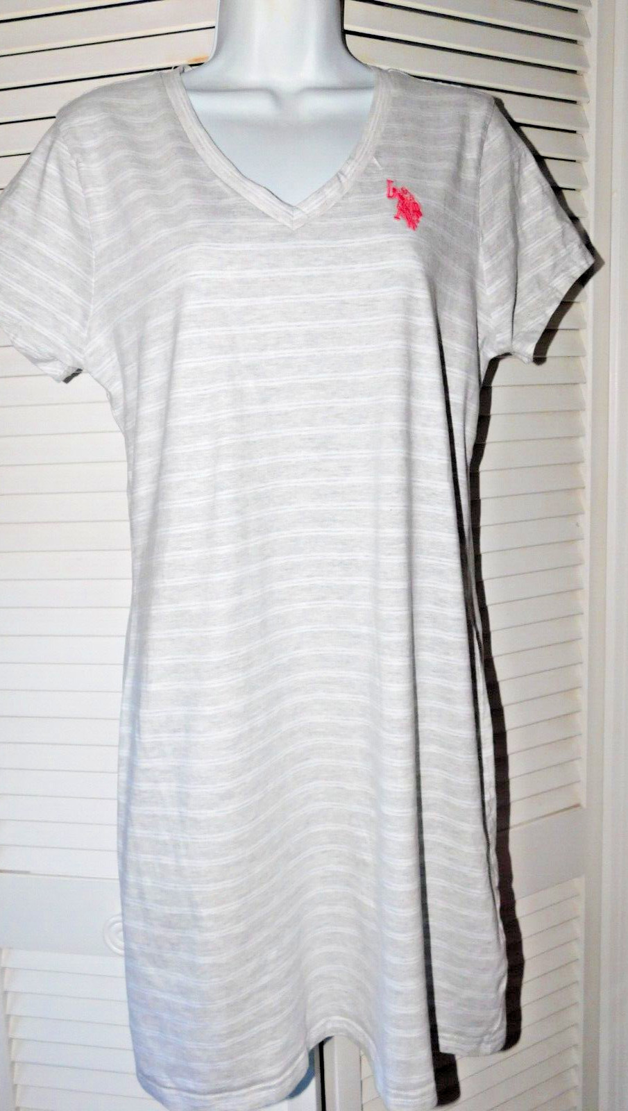 US Polo Assn Size L Grey Stripe Womens Stetch Cotton Knit Logo Slimming Dress