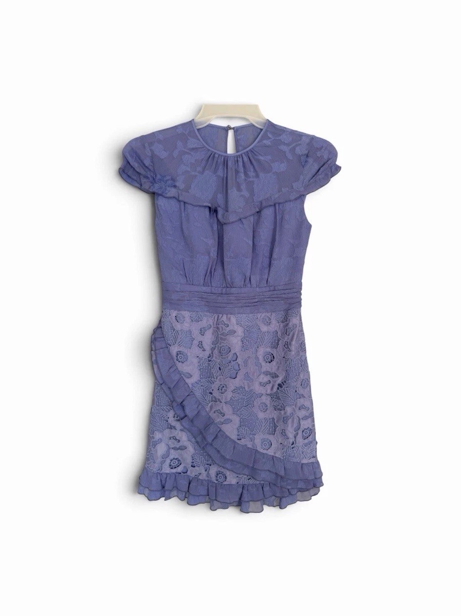 Three Floor Periwinkle Lace Dress US 6 Ruffle Romantic Wedding Guest Cocktail