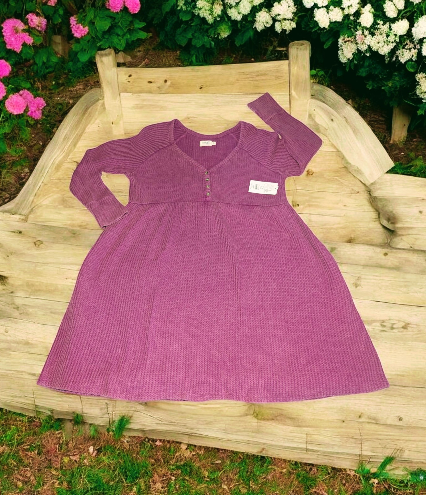 NWT TERRA SKY Women’s Plus 0X VIOLET Mulberry Waffle Knit Babydoll Dress STRETCH