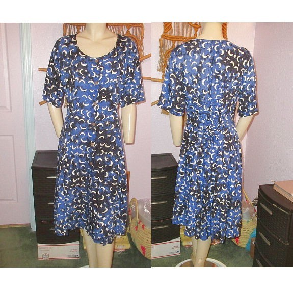 Celestial Midi Dress Size M Pockets Corset Back Moon & Stars Cosmic Astral Lunar