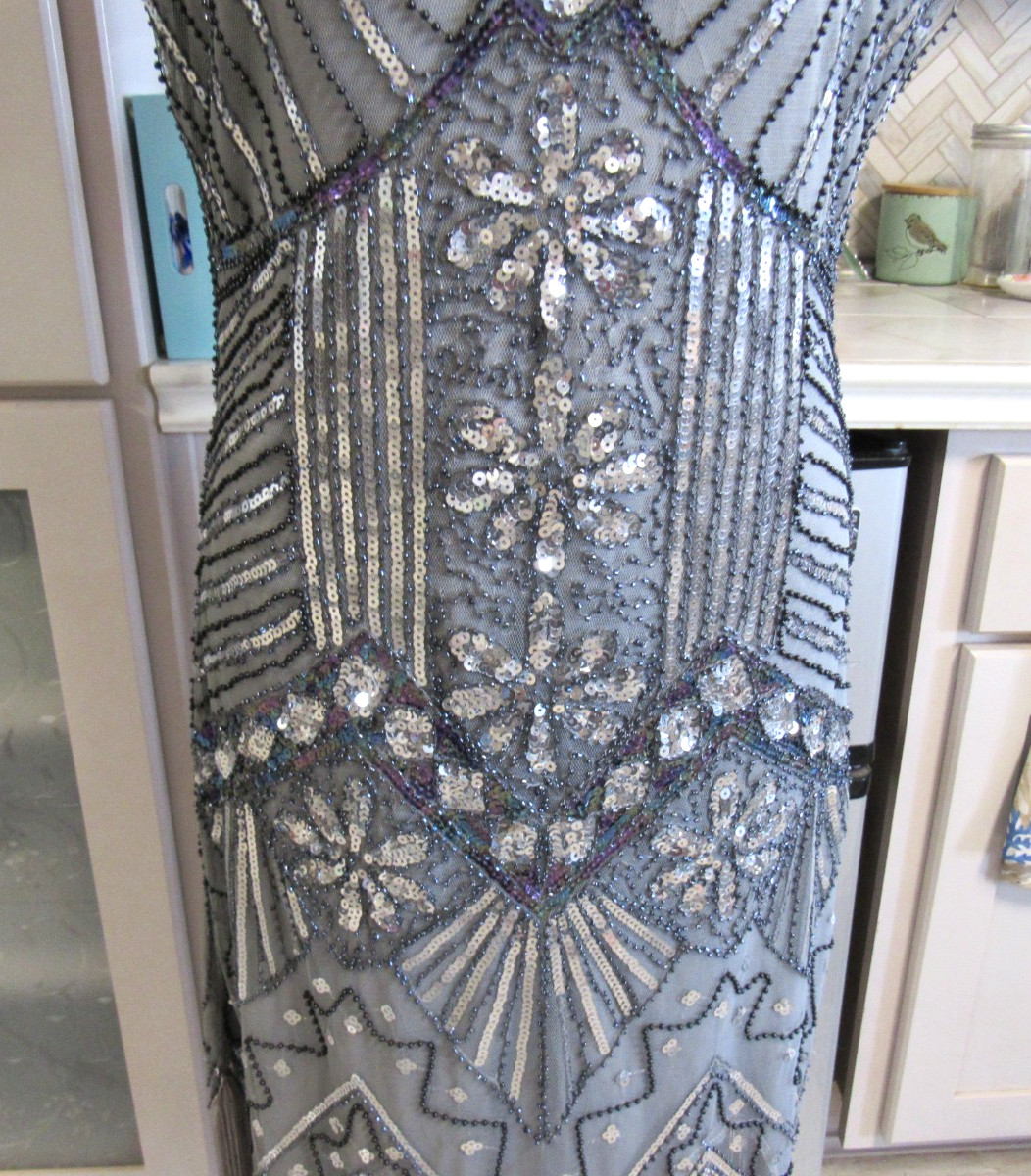 METME FLAPPER FRINGE BLACK BEADS SILVER SEQUINS SHORT SLEEVES SZ L ORIGINAL TAG
