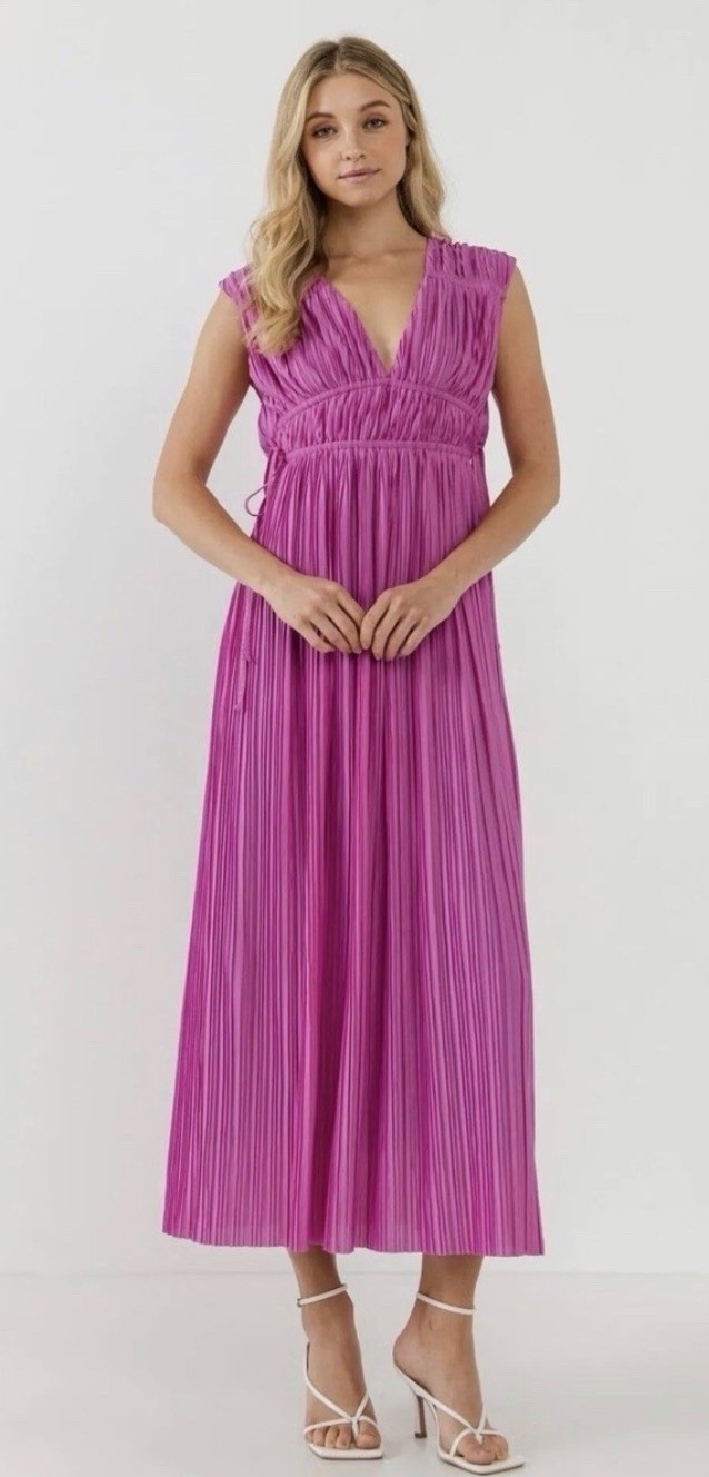 Endless Rose Purple Pleated V-Neck Sleeveless Chiffon A-Line Midi Dress L