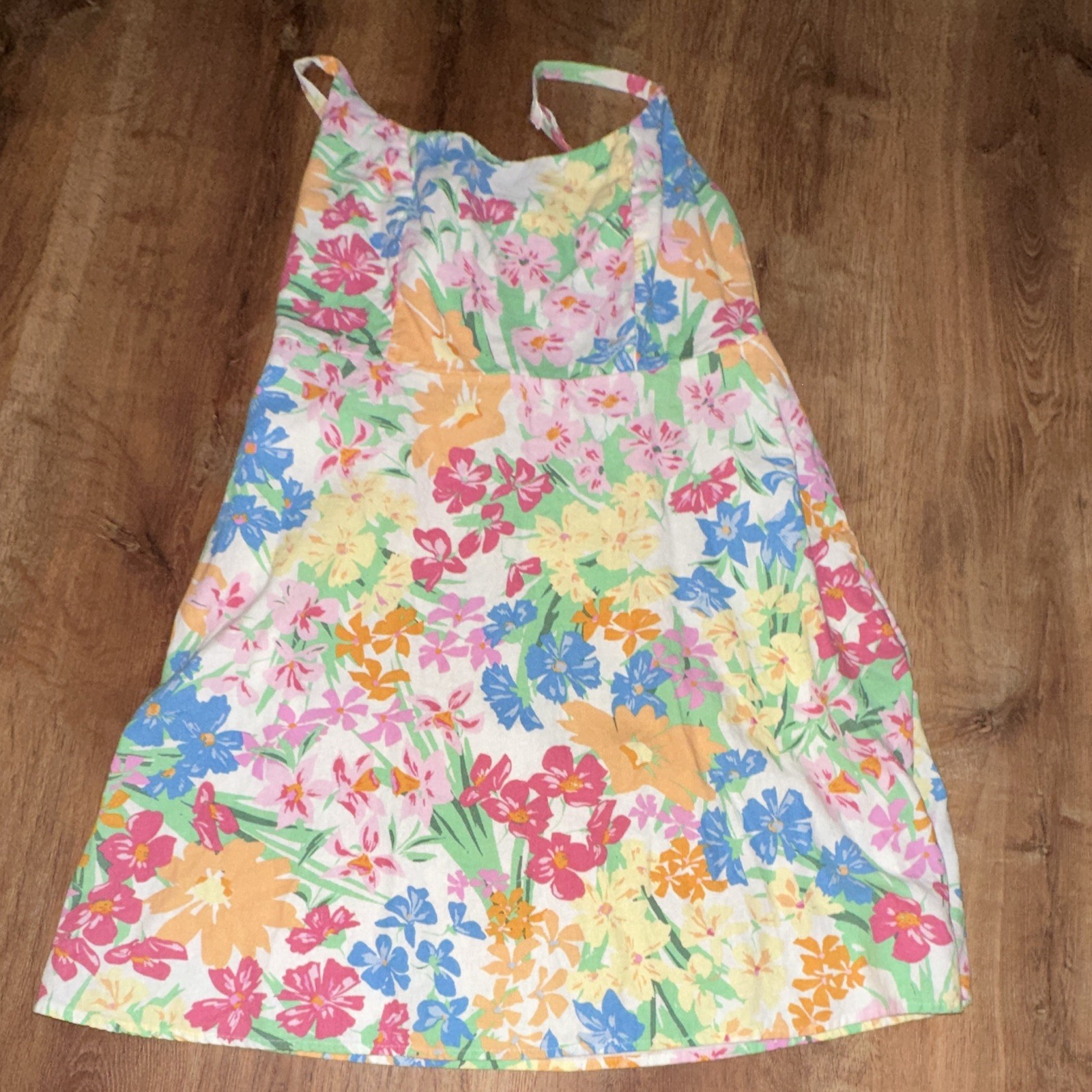 Old Navy L Floral Smocked Strappy Sundress Womens Woven Linen Rayon w/ Pockets