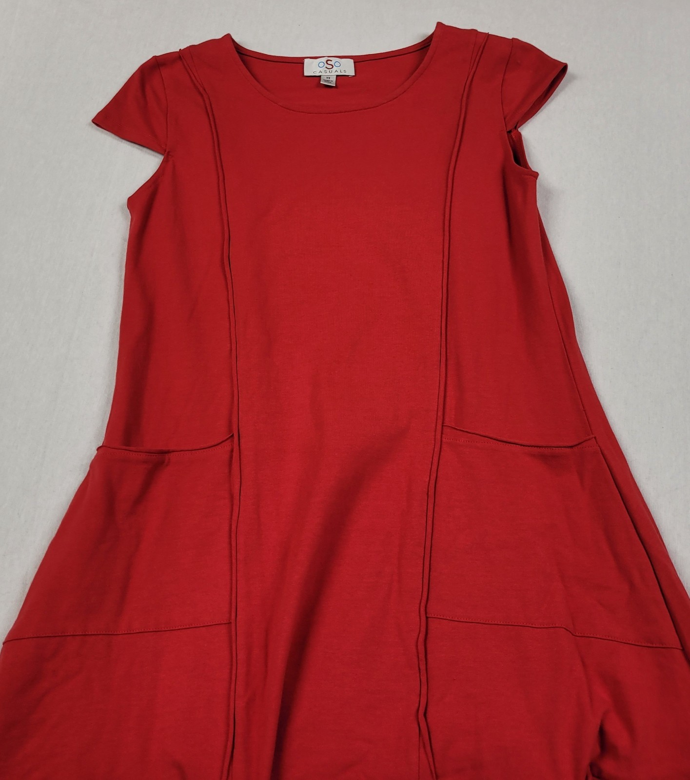 OSO Casuals Fleuri A-line Swing Midi Red Dress Cap Sleeve Front Pockets Women XS