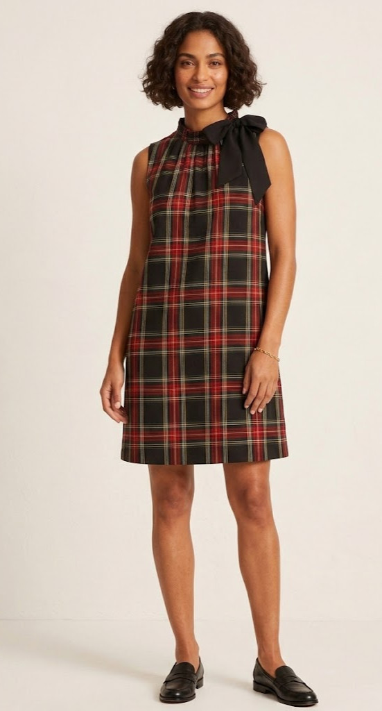 J.Crew Tartan Plaid Tie Neck Size 8 Holiday Christmas Classic Midi Shift dress