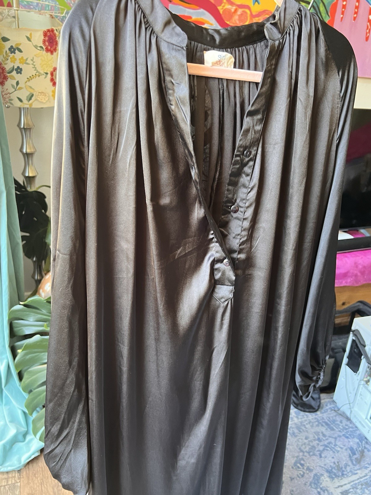 Girl Soul Black Silky Long Dress Size 0X Long Blouson Sleeves Brand New With Tag
