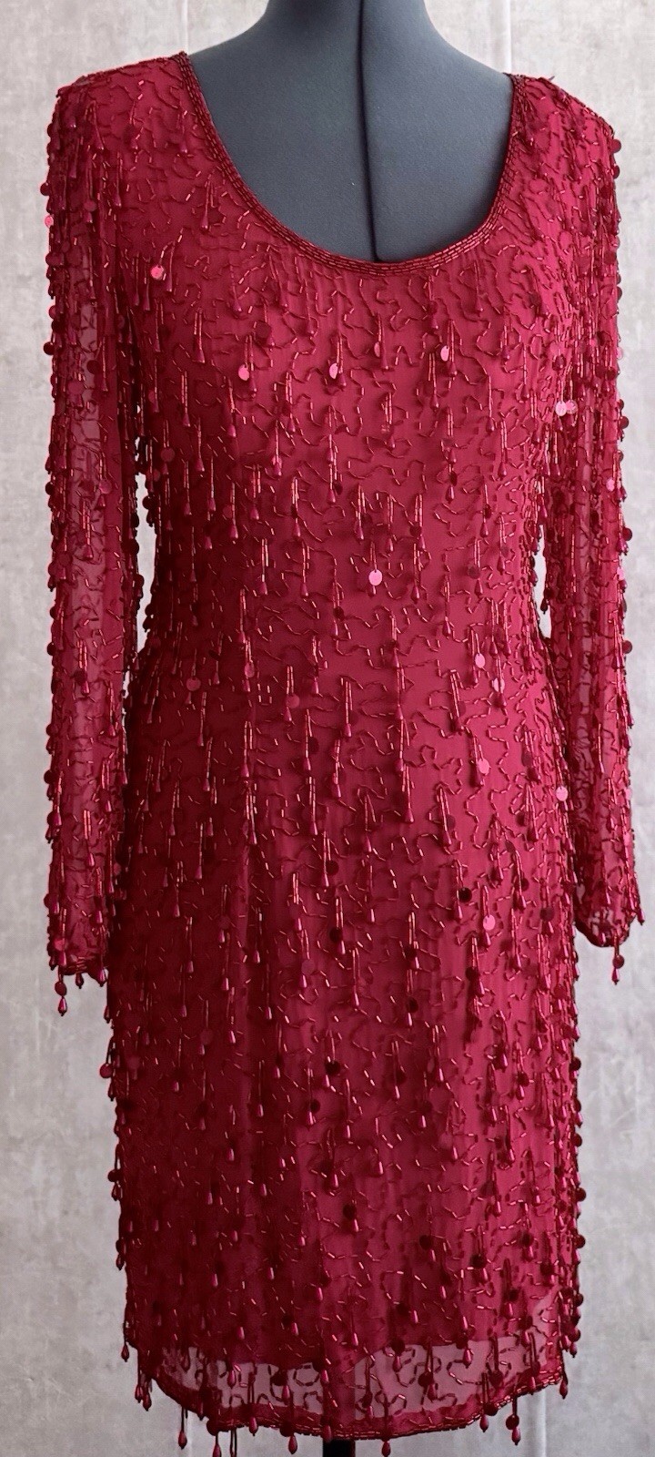 Vintage 90s Oleg Cassini Red Beaded Sequin Fringe Silk Evening Gown Dress 4