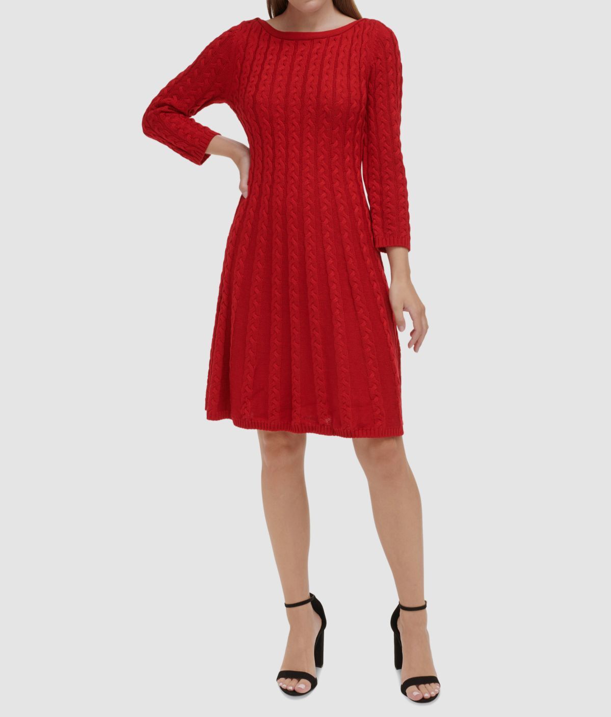 Jessica Howard Womens Red Round Neck Cable-Knit Sweater Dress Petite Size PXL