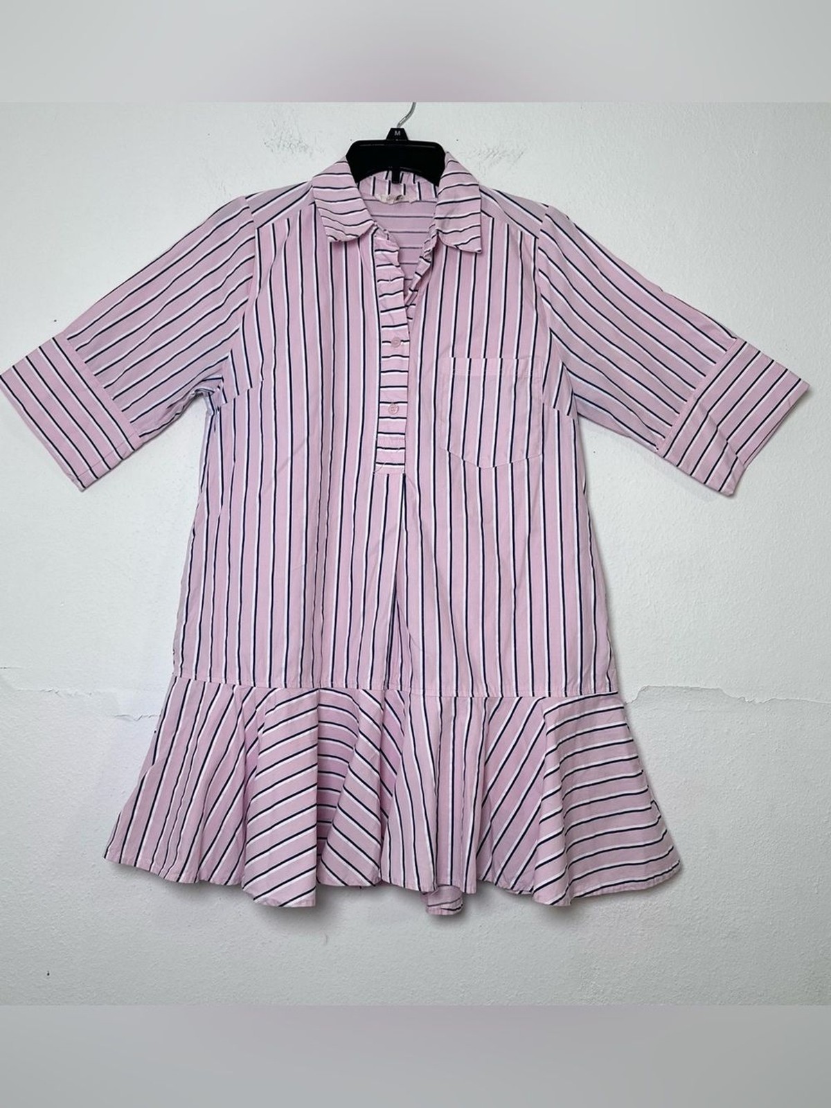 Entro Pink White and Navy Parker Striped Ruffle-Hem Mini Shirt Dress Size S